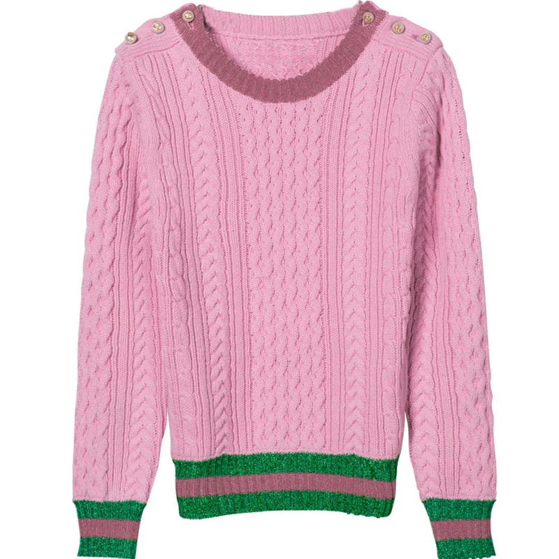 

2018 Runway Designer Pearls Pink Sweaters Women Pullovers HIGH Quality Autumn Winter Casual Striped Female Knitted Jumper