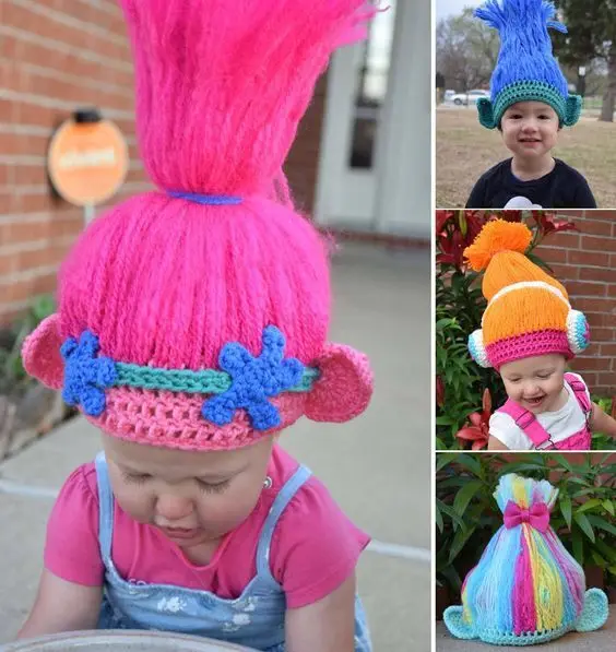 

Trolls Wig Cosplay Knitting Hat Kids Handmake Halloween Gifts Cosplay Wig Hand Knit Party Hats for Kids 3-6years