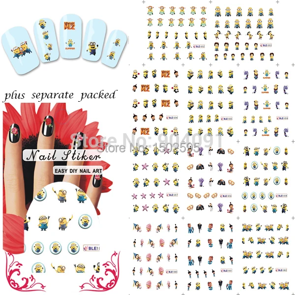 

2014 NEW 50 Sheet/LOT Minions Cartoon NAIL ART Accessories Cartoon Serie Nail Tattoo,nail Art Decoration individually packaging