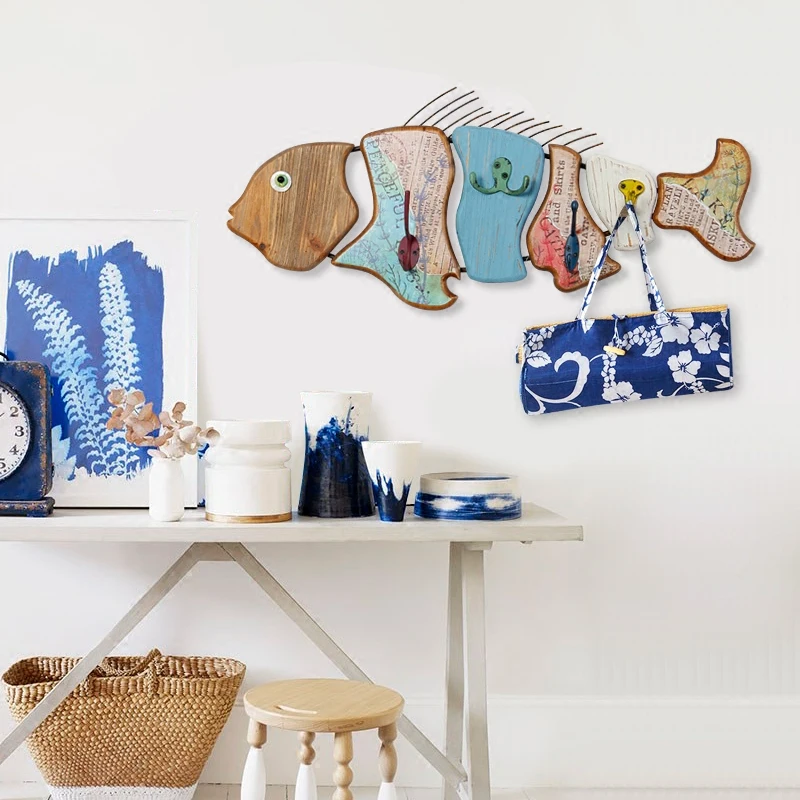 

Natural Fish Decoration Wood Hook Wall Clothes Bag Headphone Key Hanger Kitchen Bathroom Door Towel Rustproof Shelf Home Decor