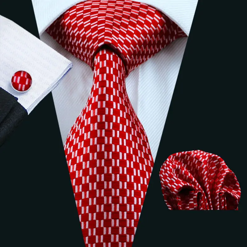 LS-569 2016 Для мужчин галстук 100% шелк красный новинка геометрический жаккардовые галстук + платок + Запонки Набор для формальных свадебные