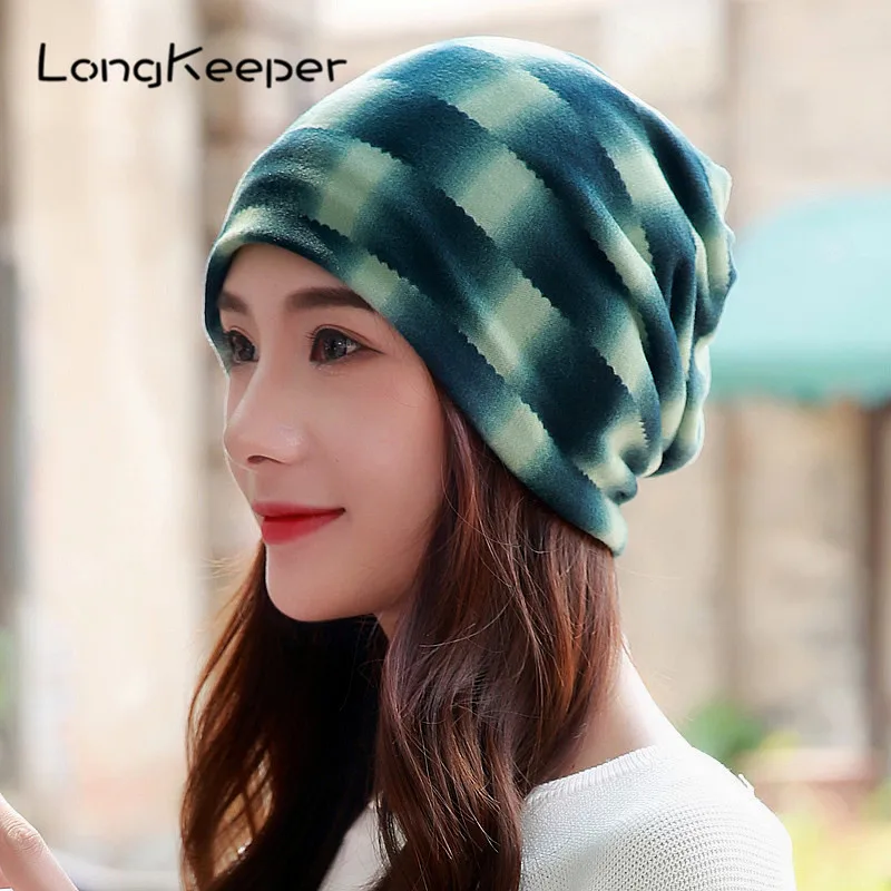 Long Keeper Plaid Striped Beanie Hat Women Breathable Soft Outdoor