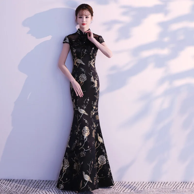 Черные модные вечерние чонсам, Восточный стиль, женское Макси тонкое платье, новое китайское Стильное женское элегантное атласное Qipao