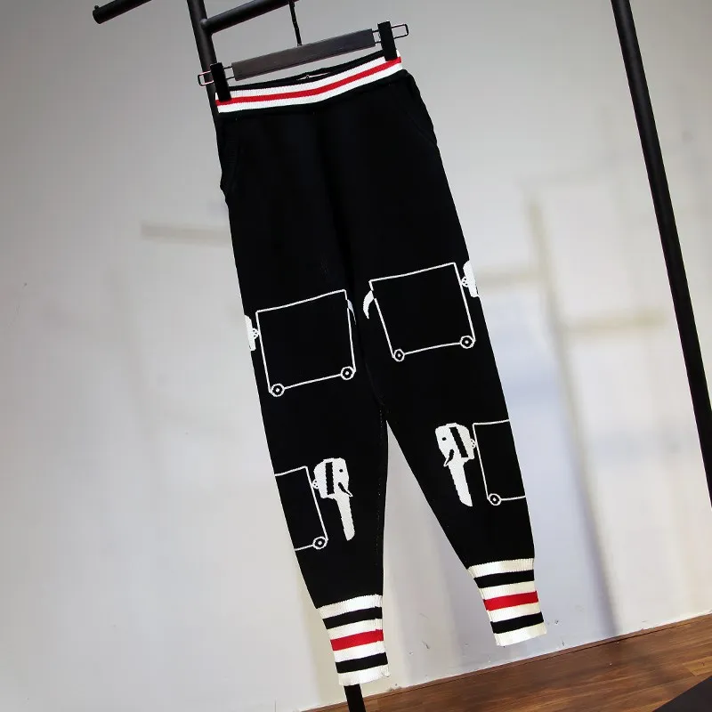 2018 Autumn and Winter Runway Suits Women Printing Knitted 2 Pieces Sets Long Sleeve Sweatshirt Top and Knitted Pants Suits Women's Sets