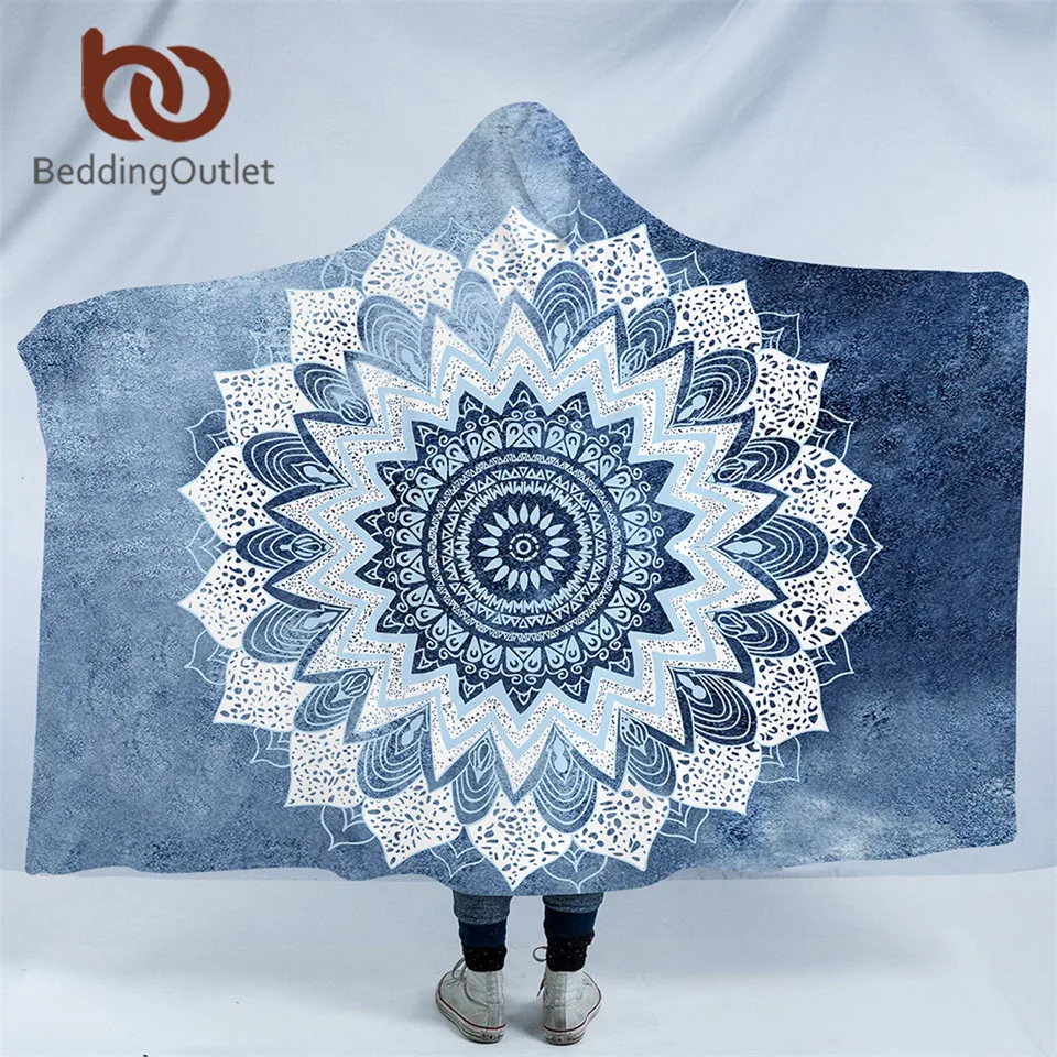 

BeddingOutlet Floral Hooded Blanket Mandala Blue Green Sherpa Fleece Wearable Blanket Bohemian Lotus Throw Blanket for Sofa Bed