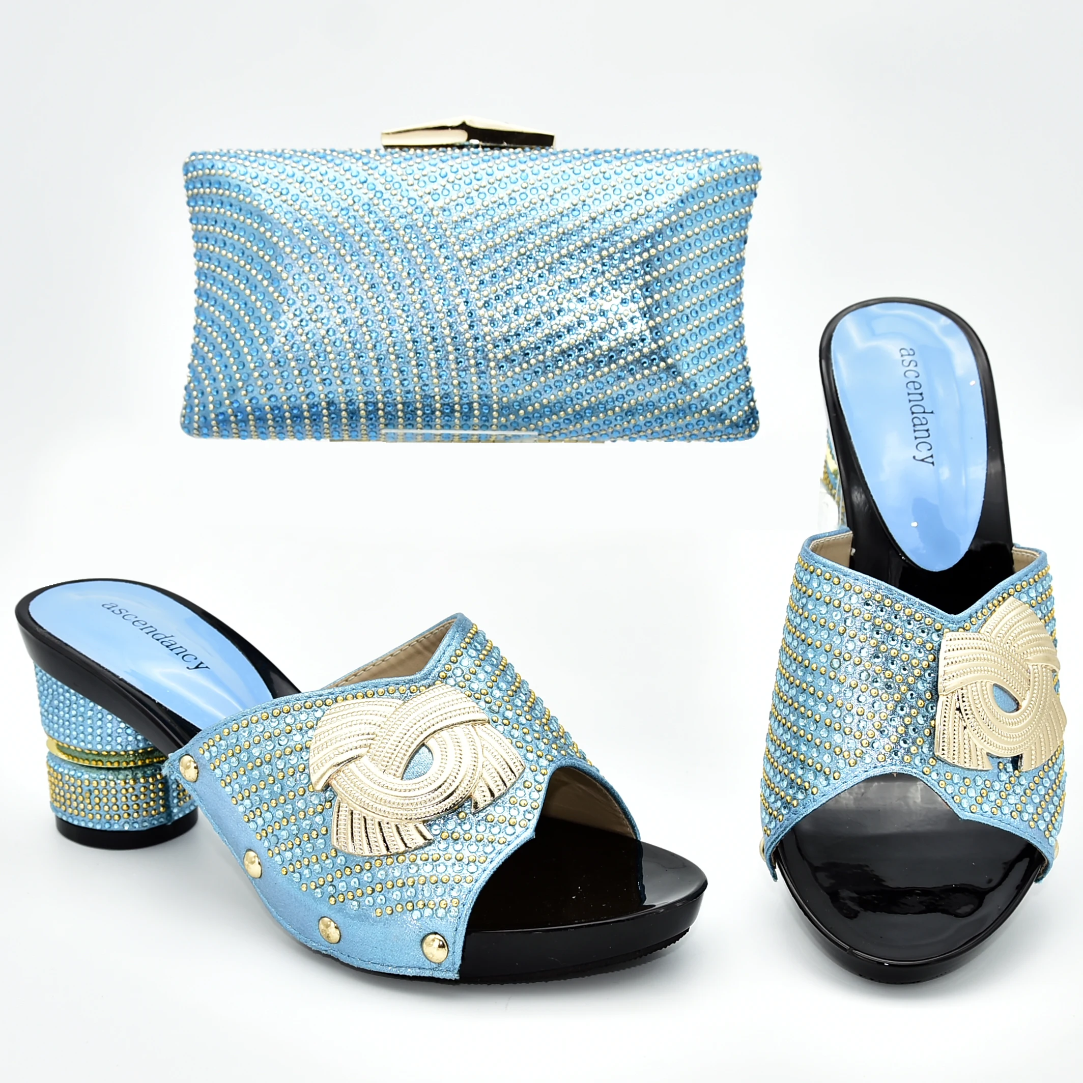 

Free shipping italian shoes and bag matching set sky blue with many stones nice fashion slippers shoes and clutches bag SB8389-1
