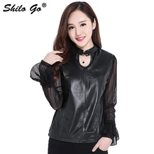 Большие размеры, новинка, модная женская Высококачественная Сексуальная рубашка из овчины с вырезом, сетчатая пряжа, рукава с оборками, черная рубашка из натуральной кожи, 3XL