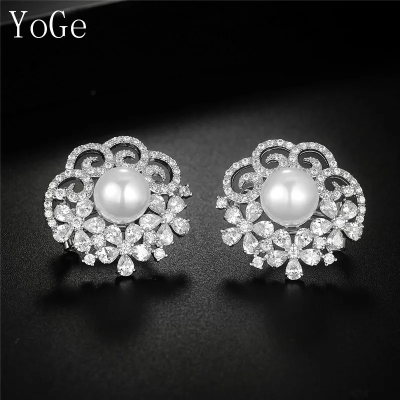 YoGe свадебные и вечерние ювелирные изделия, E0909 Мода AAA CZ камень и белый жемчуг большие серьги гвоздики