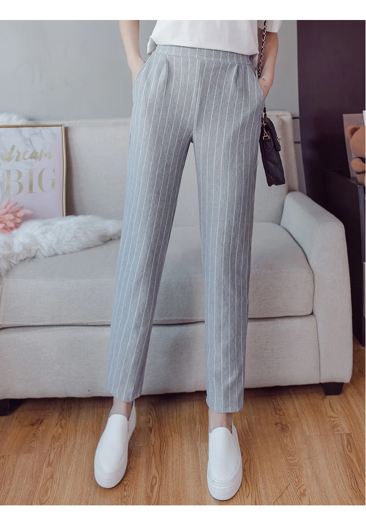 

New 2018 Summer Korean Female Classic High Elastic Waist Casual Harem Pants Women Fashion Slim Striped Ankle -Length Pants