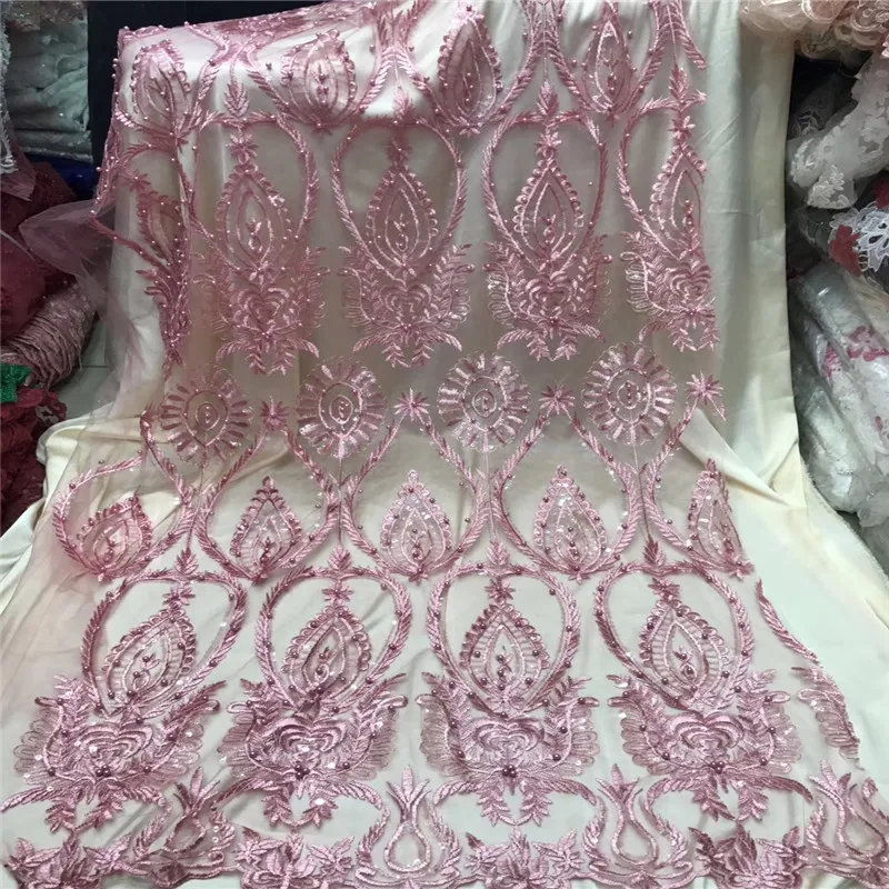 

HFX Bridal Fashion High Quality African Sequin Lace Fabric Nigeria Pink Embroidered Net Lace Beaded French Lace Fabric X1179-1