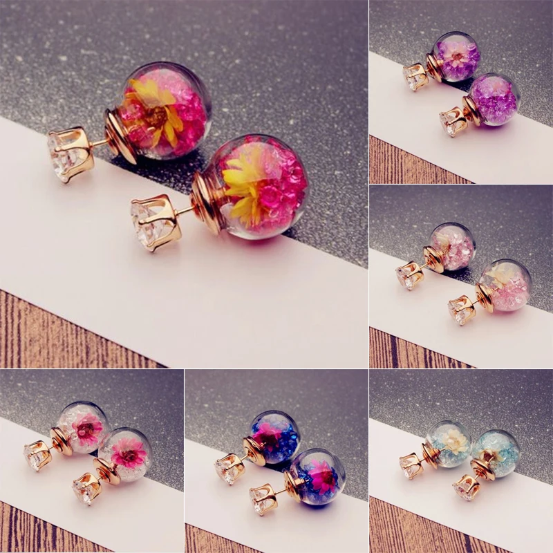 Hot Fashion Women Lady Elegant Flower Spherical Rhinestone Ear Stud Earrings