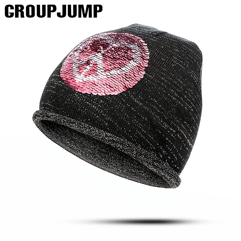 

GROUP JUMP Women's Sequins Beanies Hat Spring Black Knit Cotton Slouchy Beanie For Women Skull Cap Winter Hats for Ladies