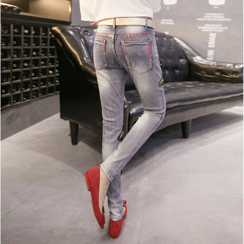 Vaqueros Cuentas Dorado Lentejuelas Etiqueta Mezclilla Blue Vaquero Mujer Primavera Light Pantalones Agujero Calle De Alta Pesado Otoño 5gnwR