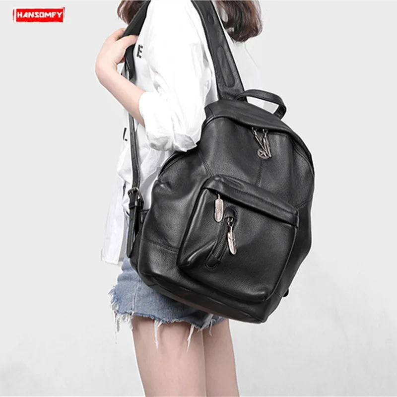 

Soft Black Leather Women backpack top layer cowhide retro computer shoulder bag genuine leather travel bag rivet retro backpacks
