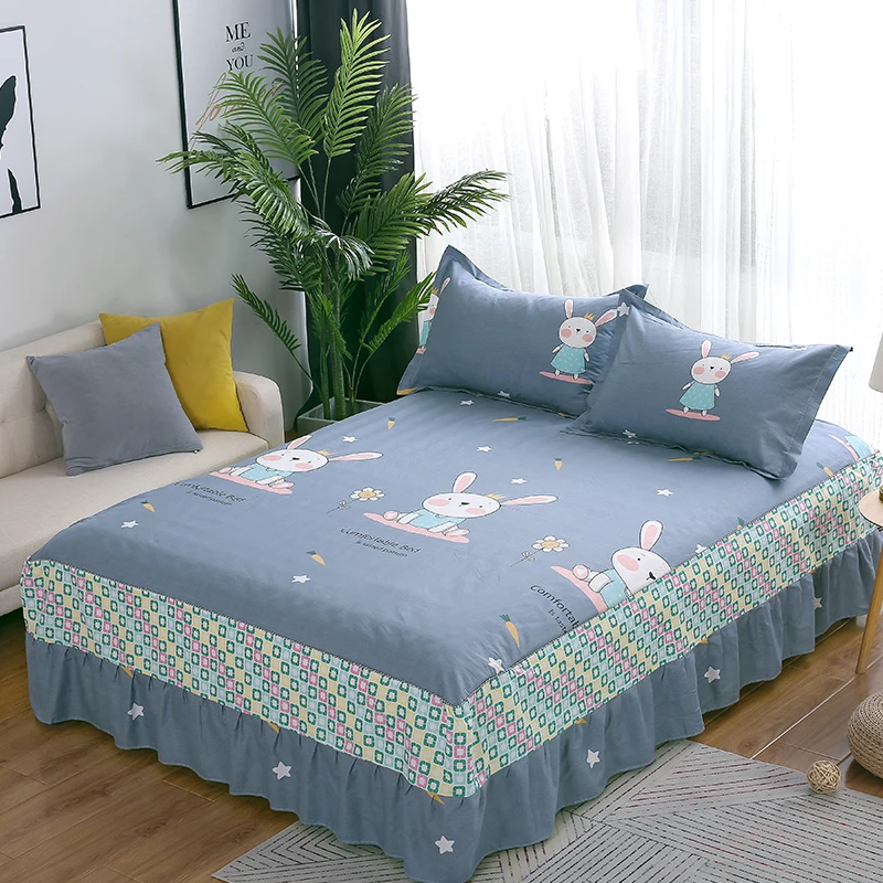 Best New fashion cartoon Princess style Bed skirt 100% cotton pillowcase Printed Light gray Rabbit textiles twin full queen King size