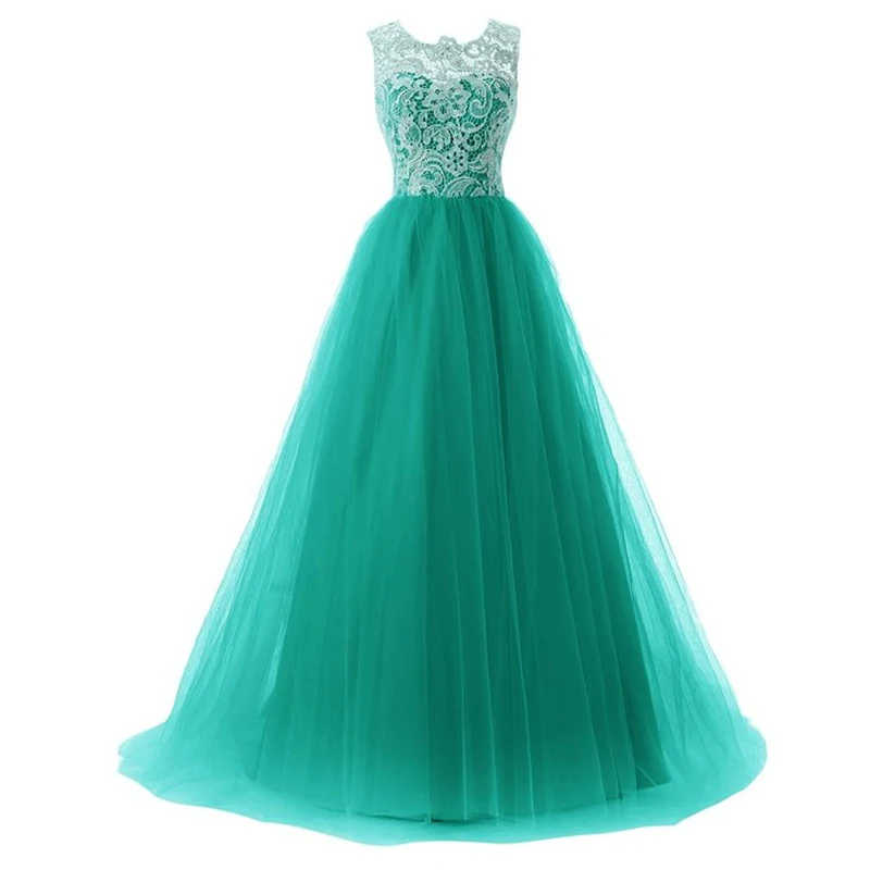 

Green Lace A-line Formal Long Bridesmaid Dress Sleeveless Wedding Party Dress 2019