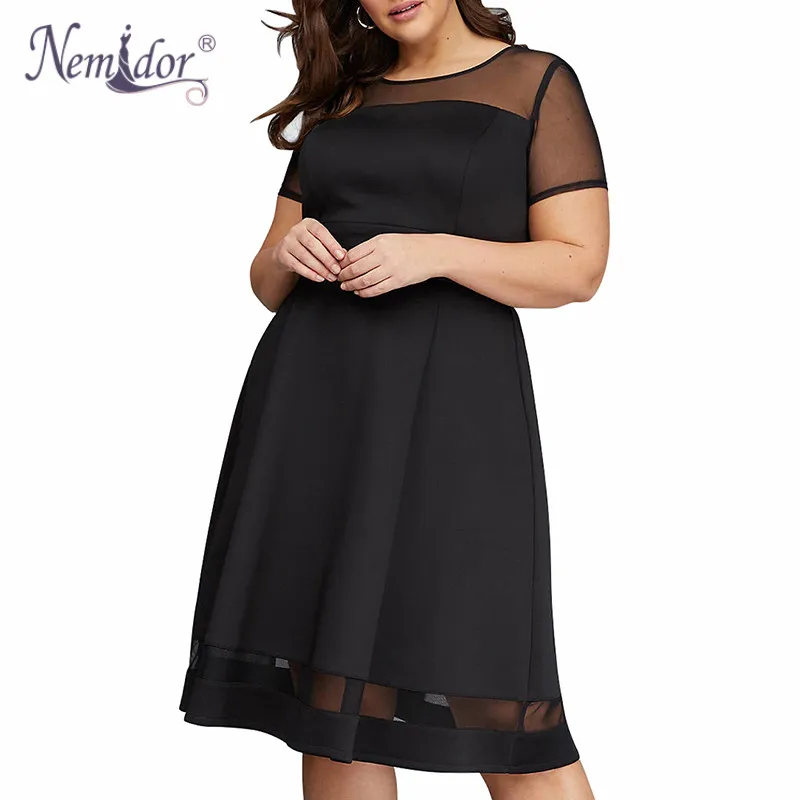 

Nemidor 2019 Women Elegant Mesh Patchwork Party A-line Dress Vintage O-neck Plus Size 8XL 9XL Knee Length Cocktail Swing Dress