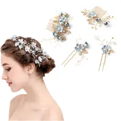 Свадебный гребень волос Pin набор украшений элегантный синий цветок ручной работы невесты головной убор @ M23