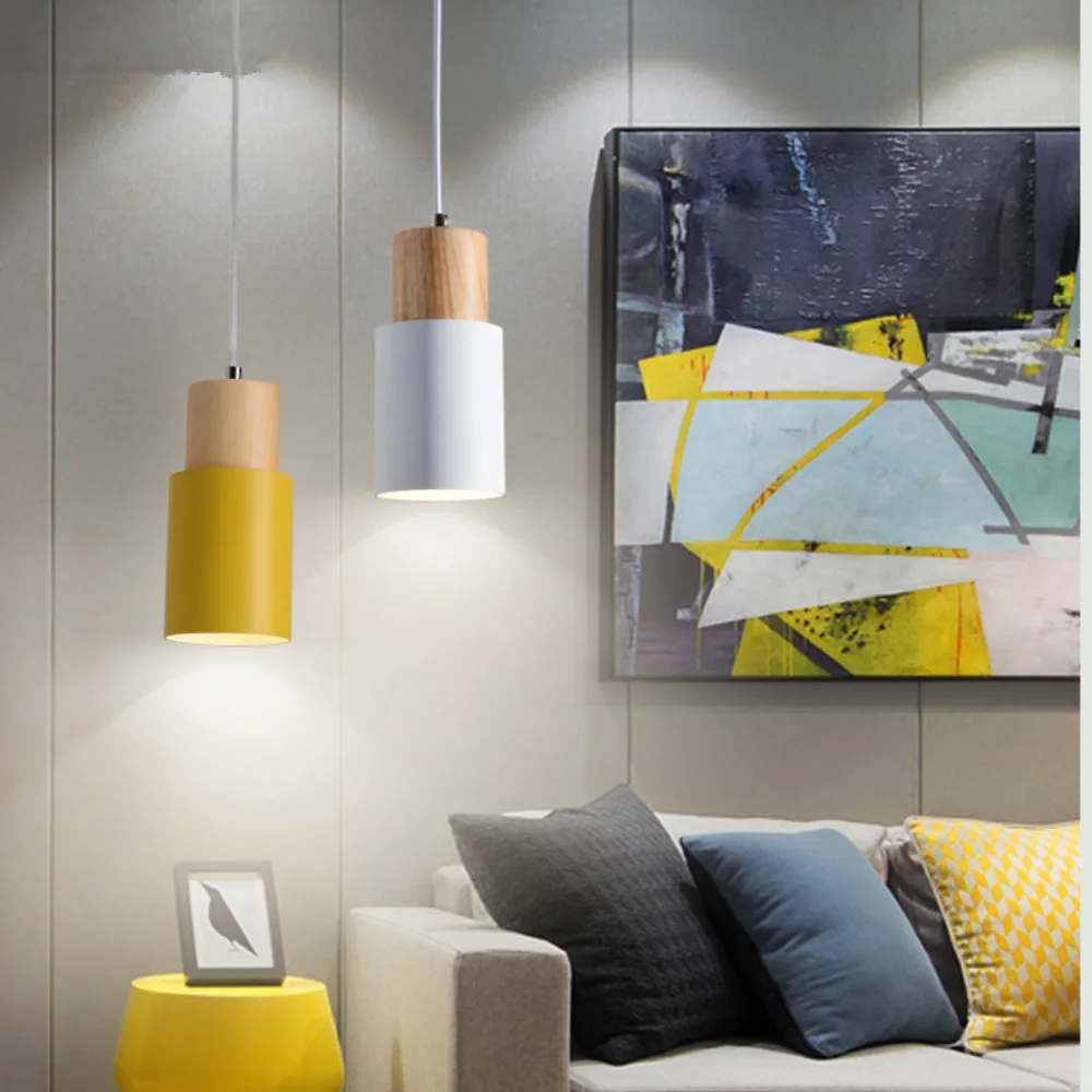 

Designer Nordic simple Wood Pendant Lights led hang lamp Colorful Aluminum fixture Kitchen Island bar hotel home decor E27