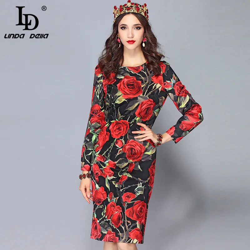 

LD LINDA DELLA Fashion Runway Elegant Dress Women's Long Sleeve Vintage Rose Floral Print Slim Midi Pencil Dress Vestido