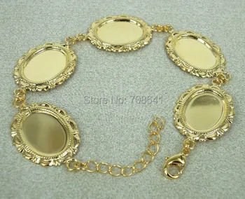 

13x18mm Blank Bracelet Oval Lace Flower Bezel Tray Link Chain Lobster Clasps Bracelet Settings Findings Craft DIY Golden tone