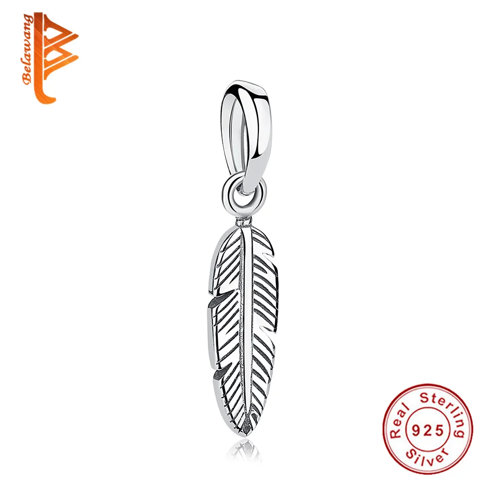 

BELAWANG DIY Christmas Jewelry 925 Sterling Silver Feather Pendant Bead Charms Fit Bracelet for Women Wedding Gift