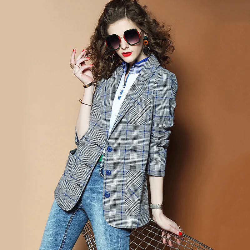 Women Suit Jacket 2019 Spring Autumn New Fashion Casual Plaid Suit garb Female Long-sleeved Lapel Elegant Female Suit Coats N158 Women Suit Jacket 2019 Spring Autumn New Fashion Casual Plaid Suit garb Female Long-sleeved Lapel Elegant Female Suit Coats N158