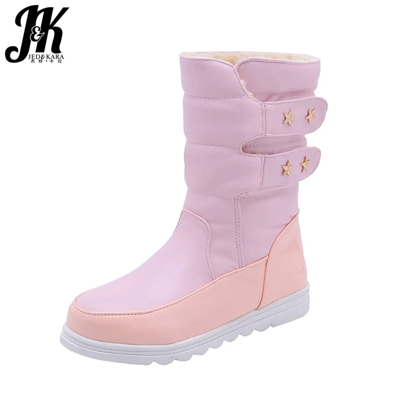 

JK Patent Pu Women Boots Round Toe Warm Footwear Mid Calf Low Heel Female Boot Platform Snow Shoes Women 2018 Winter Black White