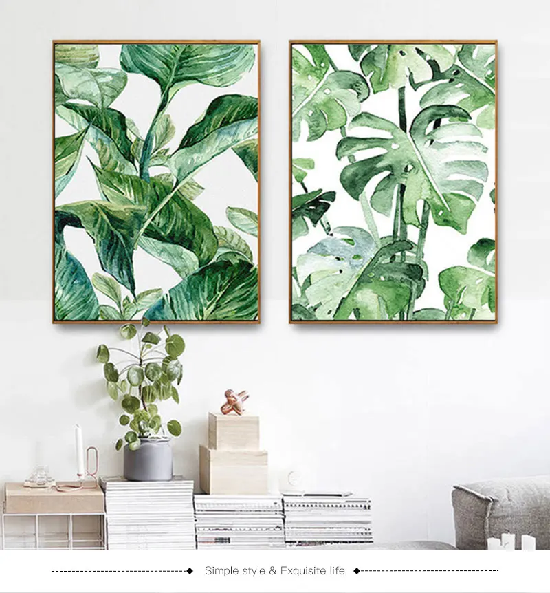 Скандинавская Картина на холсте зеленые тропические листья растений художественный Принт плакат Настенные картины Современный минималистичный декор для спальни гостиной