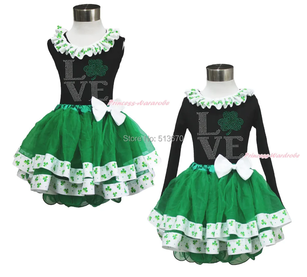 

St Patrick's Day Rhinestone Love Clover Black Top Green Satin Trim Skirt 1-8Year MAPSA0400
