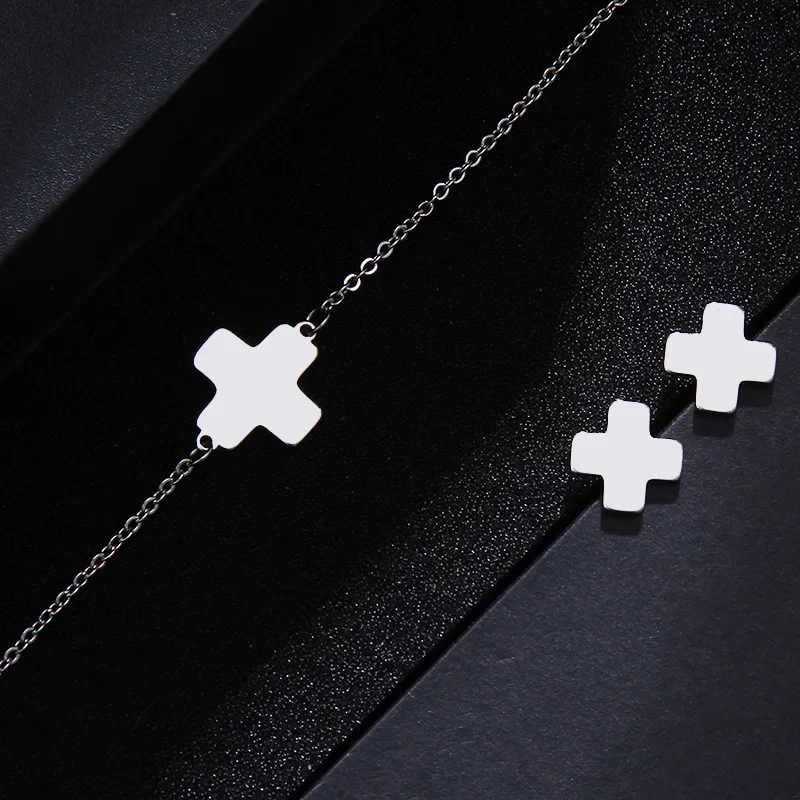 CACANA Stainless Steel Sets For Women Red Cross Shape Necklace Bracelet Earring Jewelry Lover's Engagement Jewelry S289
