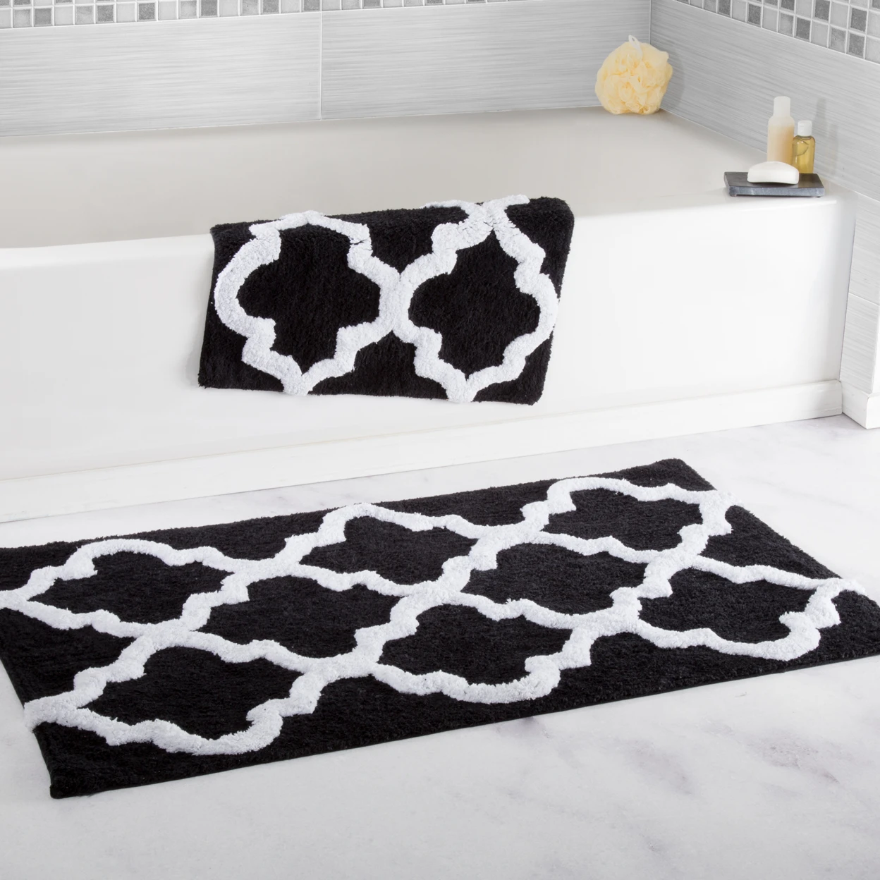 Lavish Home 100% Cotton 2 Piece Trellis Bathroom Mat Set - Black (1)