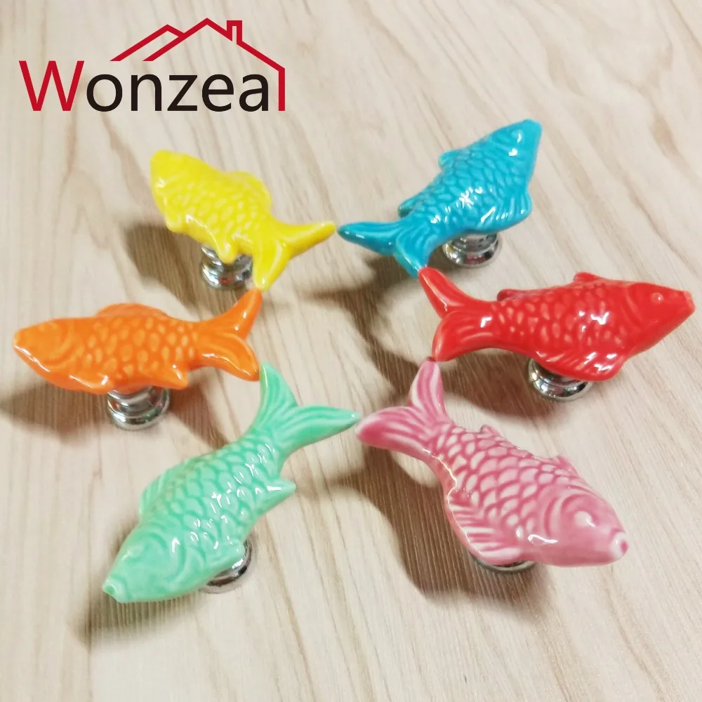 

2pcs/lot Colorful Fish Shape Ceramic Single Knob Furniture cabinet handle drawer pulls for kitchen dreser cupboard Wardrobe