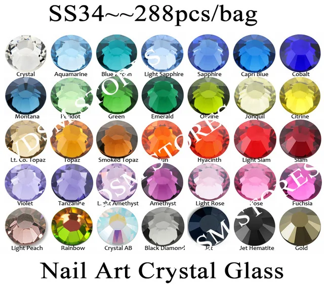 Супер Блестящий 288 шт./пакет, ss34(7,0-7,3 мм разноцветный Б ез исправлений 3D камешки для дизайна ногтей с плоской задней частью стразы стекло нейл-арта украшения
