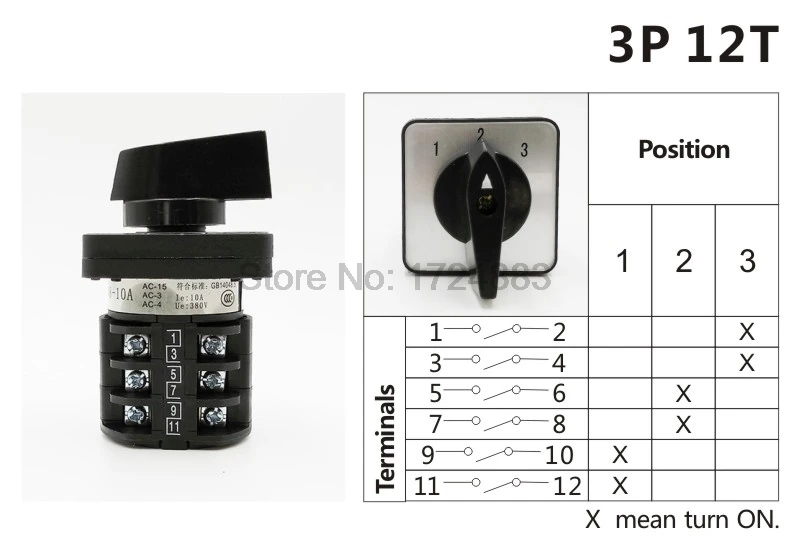 Электрический 3-х позиционный 12 терминалов поворотный кулачковый переключатель 500V 10A LW8-10A