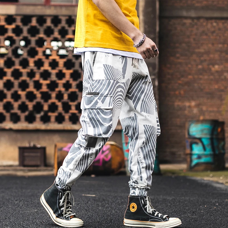 LOLDEAL Men's Multi-pocket Harlan Hip Hop Popular Zebra Print Trousers Street Men's Casual Fashion Nine Pants