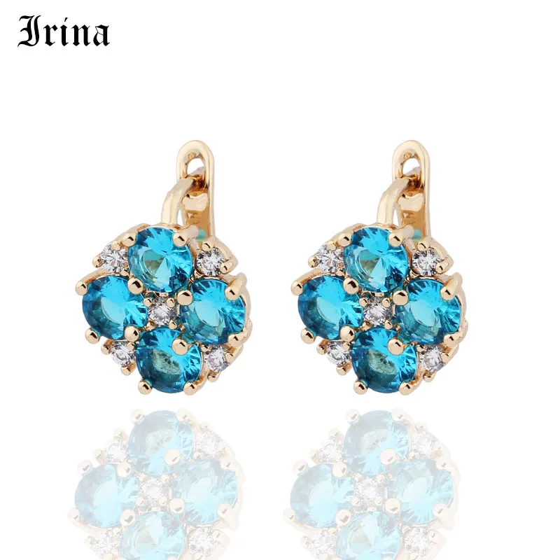 

Irina Lucky Four Leaf Clover Round Cut Blue CZ Gold Color Small Hoop Earrings For Girls Party Jewelry