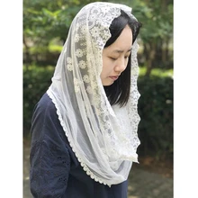 Закругленный слоновой кости кружева Часовня Бесконечность вуаль католическая кружевная вуаль для церкви цветочные Вышитые латинские массовые Mantilla de Novia Negra