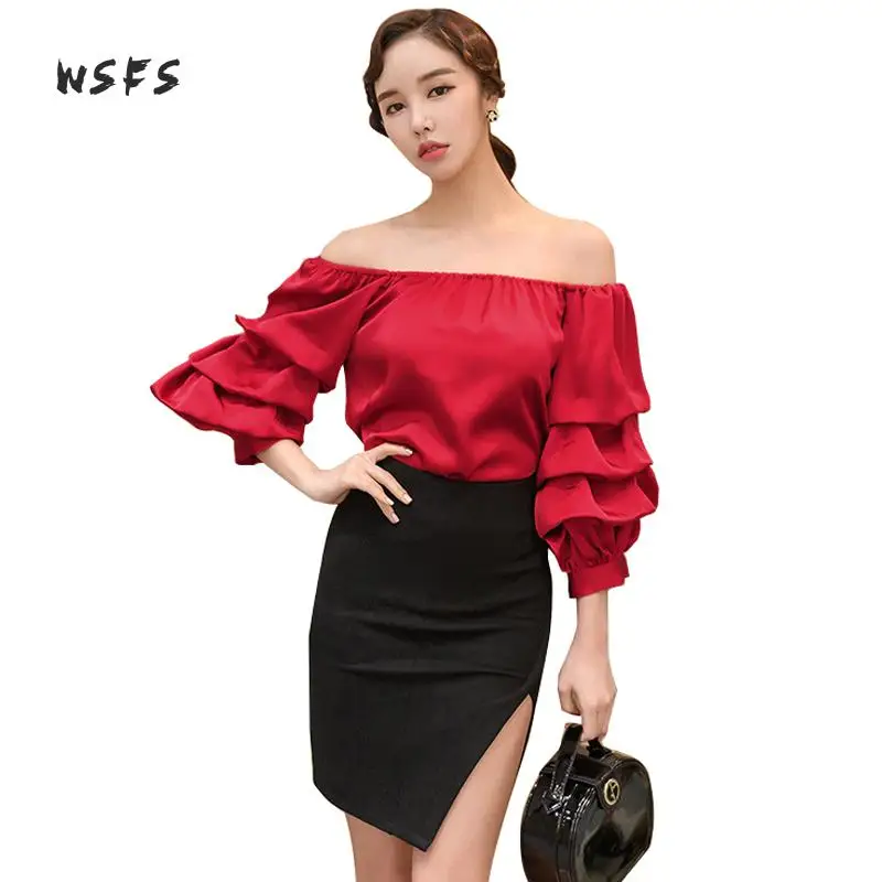 Комплекты из 2 предметов летние красные блузки Топы Slash шеи с плеча черный юбки-карандаш до колена облегаемая, пикантная, для вечеринок