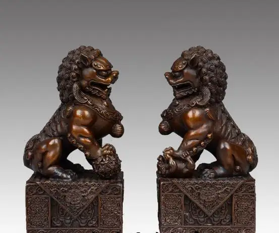 

free 5" China Fengshui Home Door Guardion Foo Fu Dog Lion Bronze Statue Pair fast