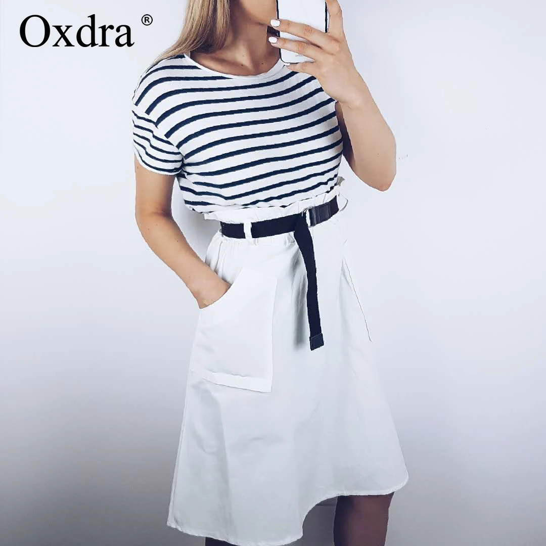 

Oxdra Solid Color Pockets Knee-Length Sashes Skirts Casual Bottoms Trendy Female Skirts 2019 Hot New For Women