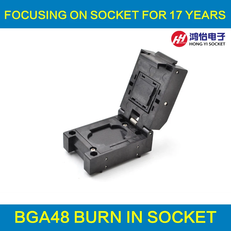 

BGA48 Clamshell burn-in socket pitch 0.8mm IC size 9*11mm BGA48(9*11)-0.8-CP10/50N BGA48 VFBGA48 Burn in/programmer socket