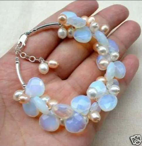 

925 silver real natural Blue Fire Opal and Fresh Water Pearl Cluster Bracelet 7.5 inches Bracelets