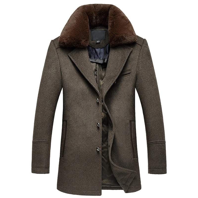 Single Breasted Long Detachable Fur Collar Abrigo Hombre Thick Quality Mens Wool Winter Coats