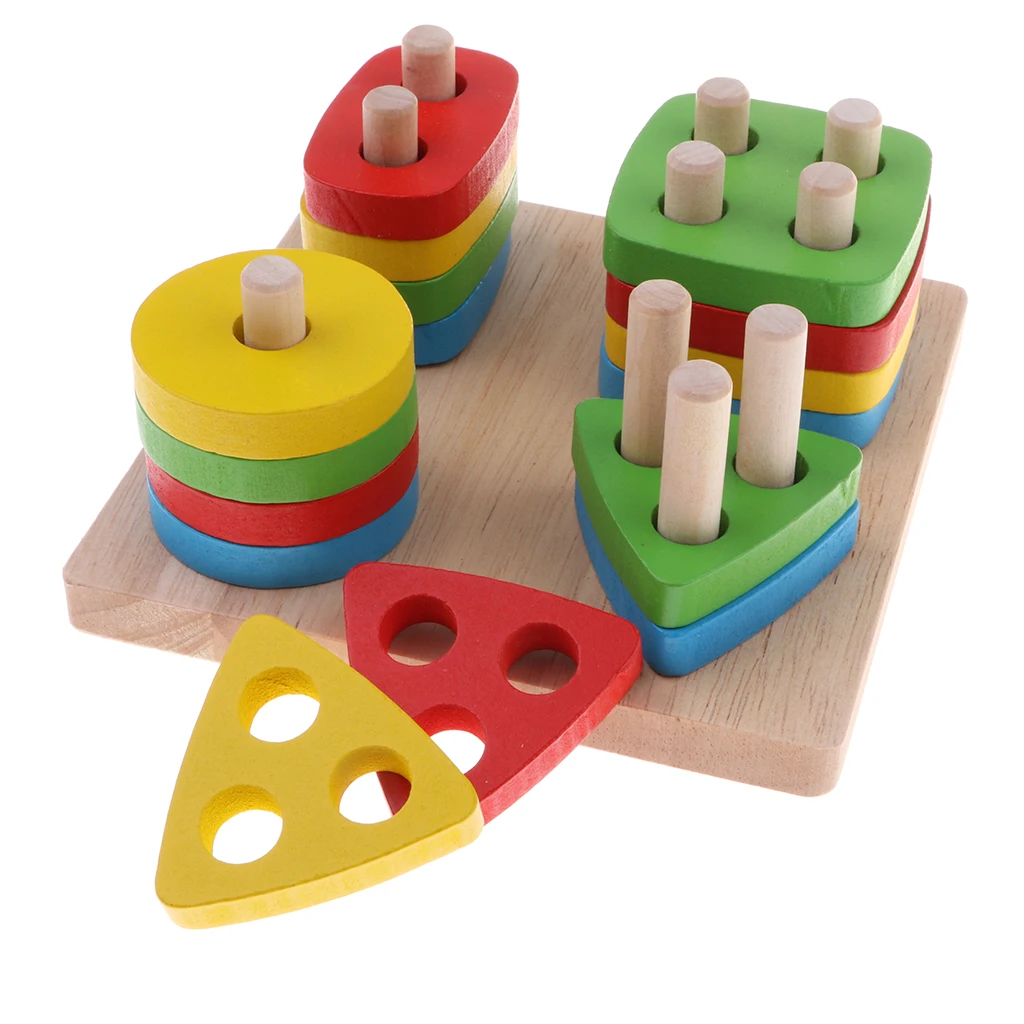 

Montessori Wooden Geometry Blocks Sorting Stacking Toys Color Shape Puzzle Board Games Kids Toddlers Sensory Developmental