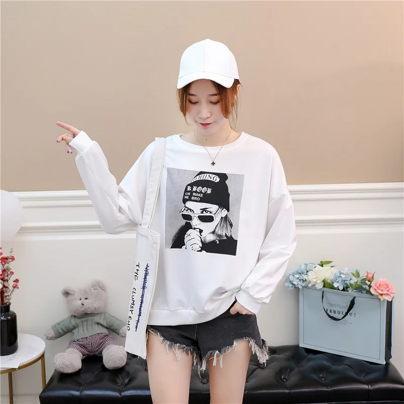 

2018 New Fashion Halajuku Loose Kawaii Cartoon Character Print College Wind All Match White O-neck Long Sleeve Female Sweatshirt