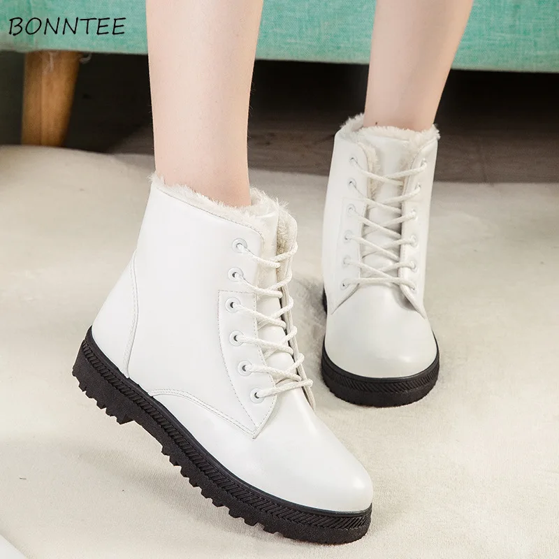 

Boots Women Trendy Waterproof PU Leather Lace Up Ankle Martin Boot Winter Warm Plush Leisure Womens Shoes Students Plus Size