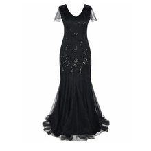Women Short Sleeve Deep V Back Sequin Beads Embellished Gauze Long Gown Vintage 1920s Great Gatsby Flapper Party Dress S-XXL