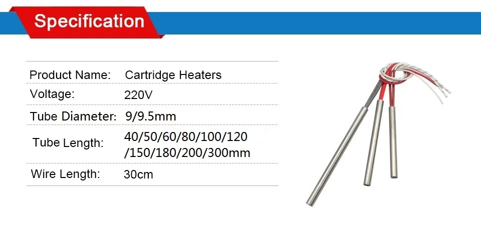 Color: 9mm Diameter, Voltage: 40mm Length 9 9.5 x 40 50 60 80 100 120 150 180 200 300 Heating Cartridge Heater AC 220V Mold Heating Element 1piece Select