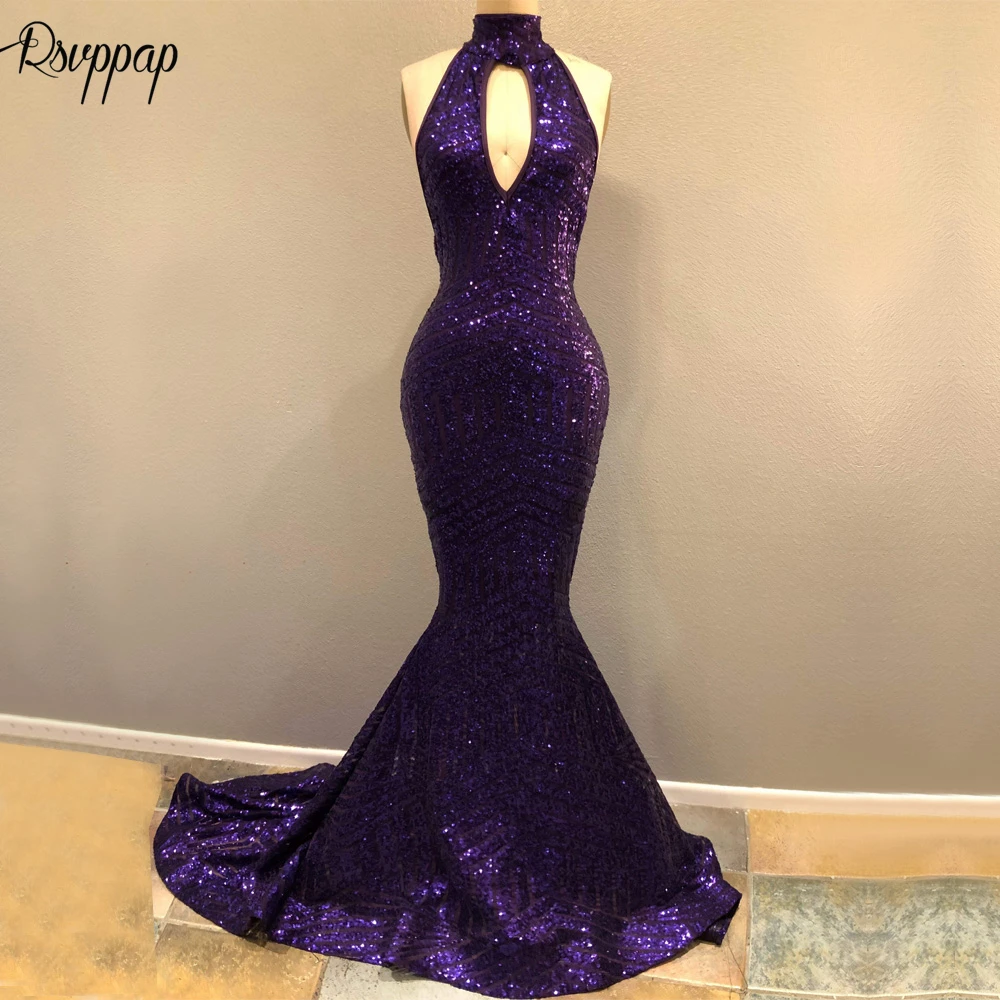 

Long Glitter Mermaid Prom Dresses 2019 Sexy High Neck Dark Purple Backless Sequin African Girl Train Women Prom Dress